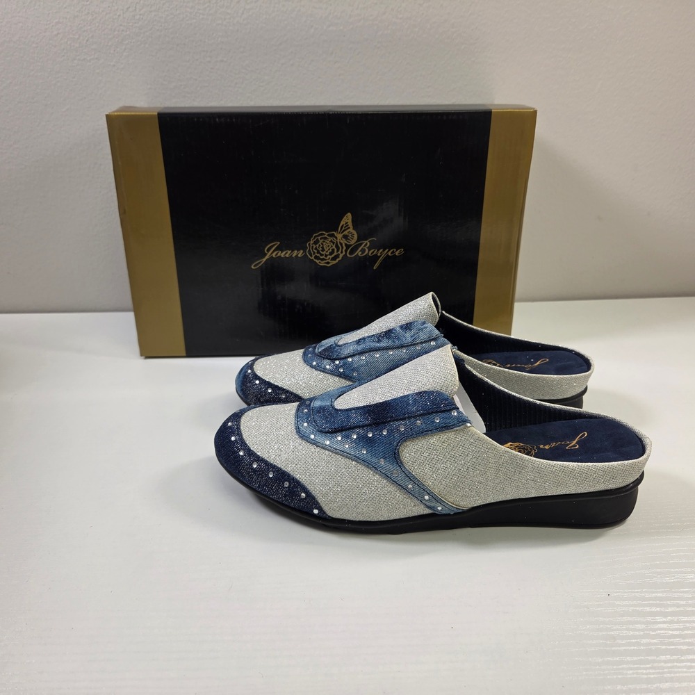 Joan Boyce Denim Silver Glitter Rhinestone Wingtip Mules Shoes 6M 262222 NEW
